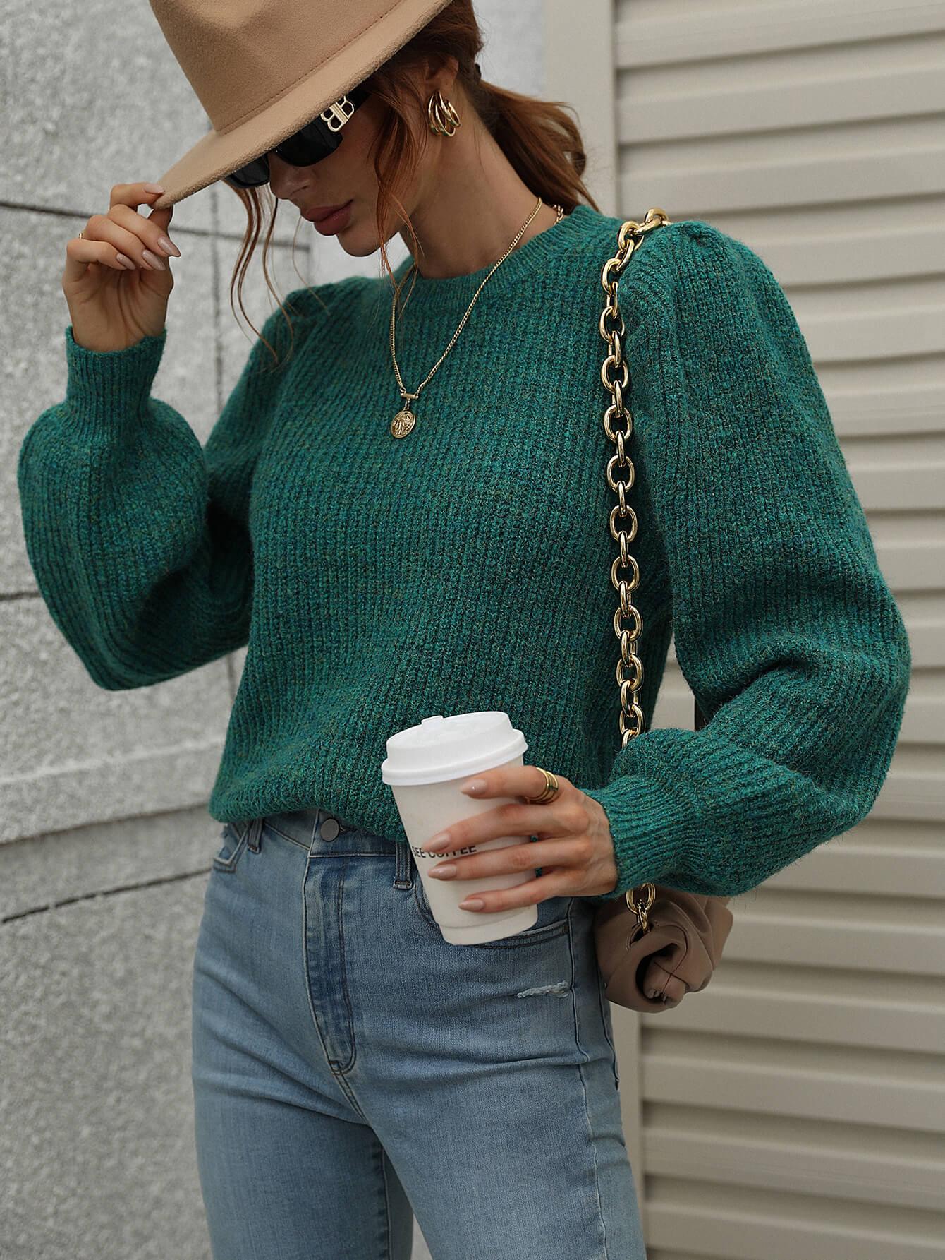 Woven Right Long Puff Sleeve Rib-Knit Sweater - Sweater