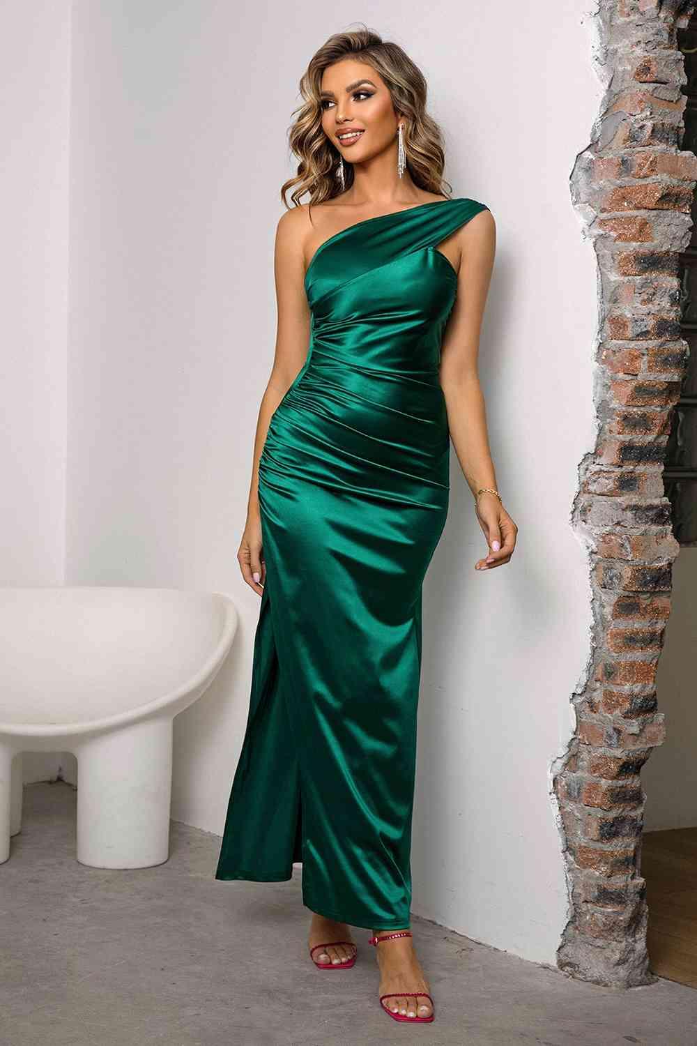 One-Shoulder Ruched Slit Maxi Dress - Dresses