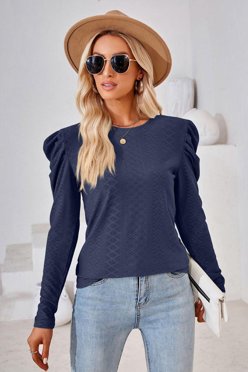 Round Neck Long Puff Sleeves Top - Top