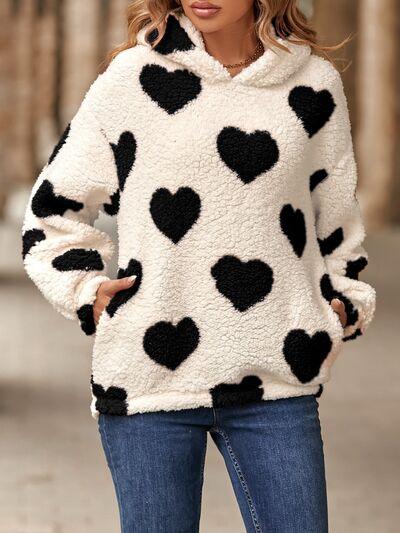 Fuzzy Heart Pocketed Hoodie - Hoodie