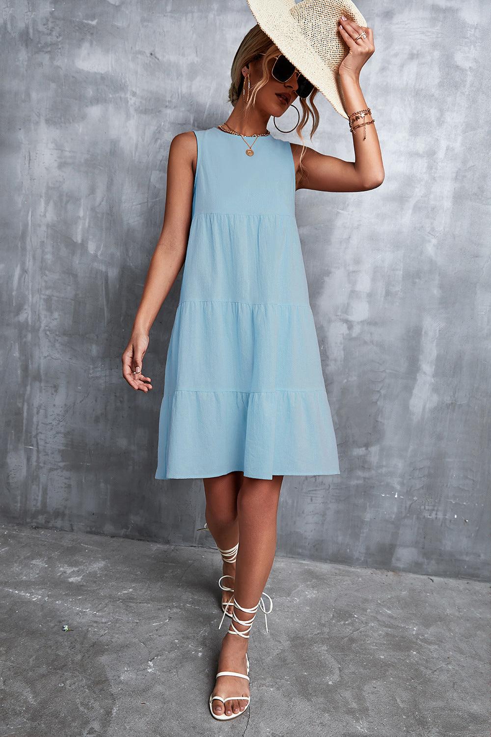 Sleeveless Round Neck Tiered Knee-Length Dress - Dresses