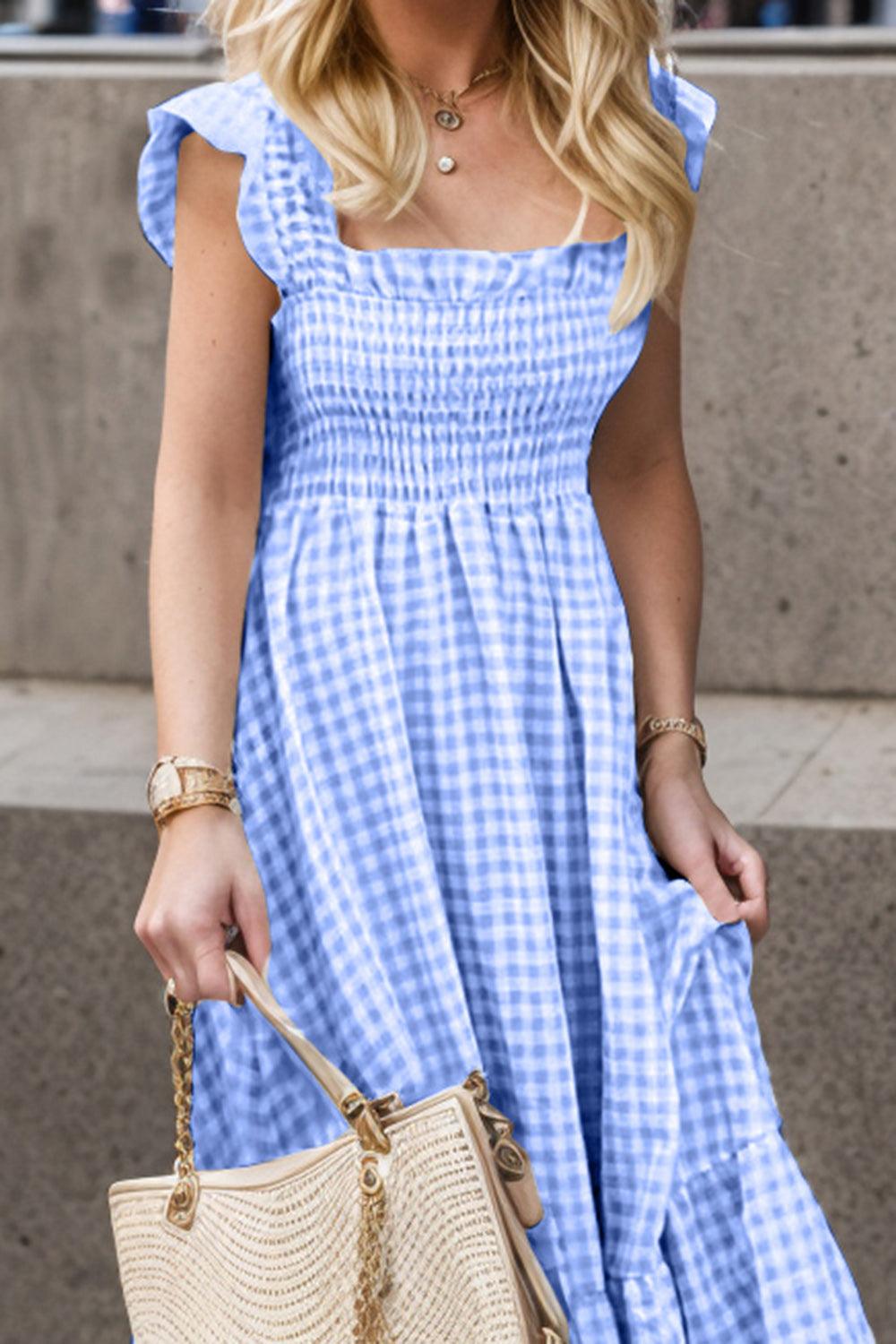 Smocked Ruffled Plaid Ruffle Hem Maxi Dress - Dresses