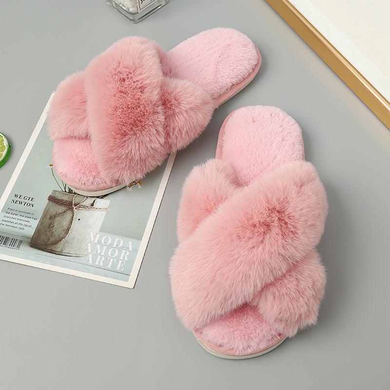 Faux Fur Crisscross Strap Slippers - Slippers