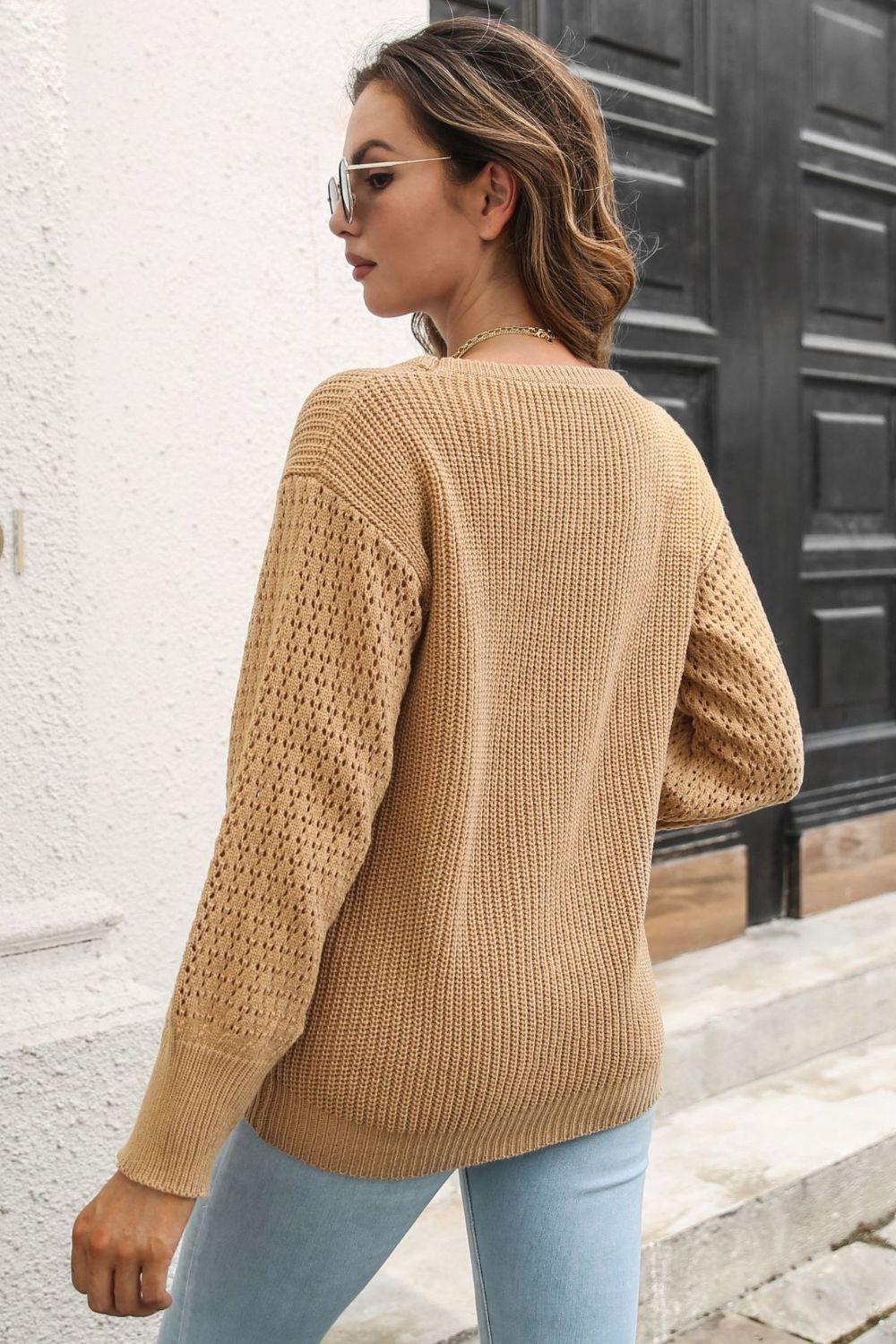 Ribbed Openwork Sleeve Round Neck Sweater - Sweater