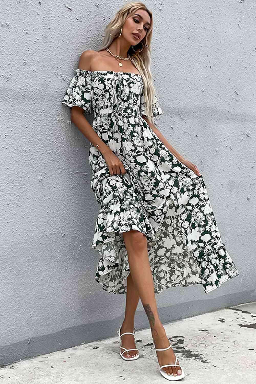 Floral Slit Off-Shoulder Midi Dress - Dresses