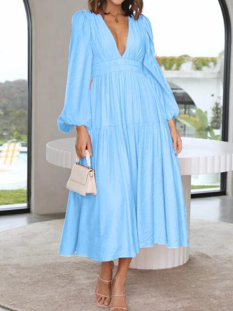 Deep V-Neck Balloon Sleeve Maxi Dress - Dresses