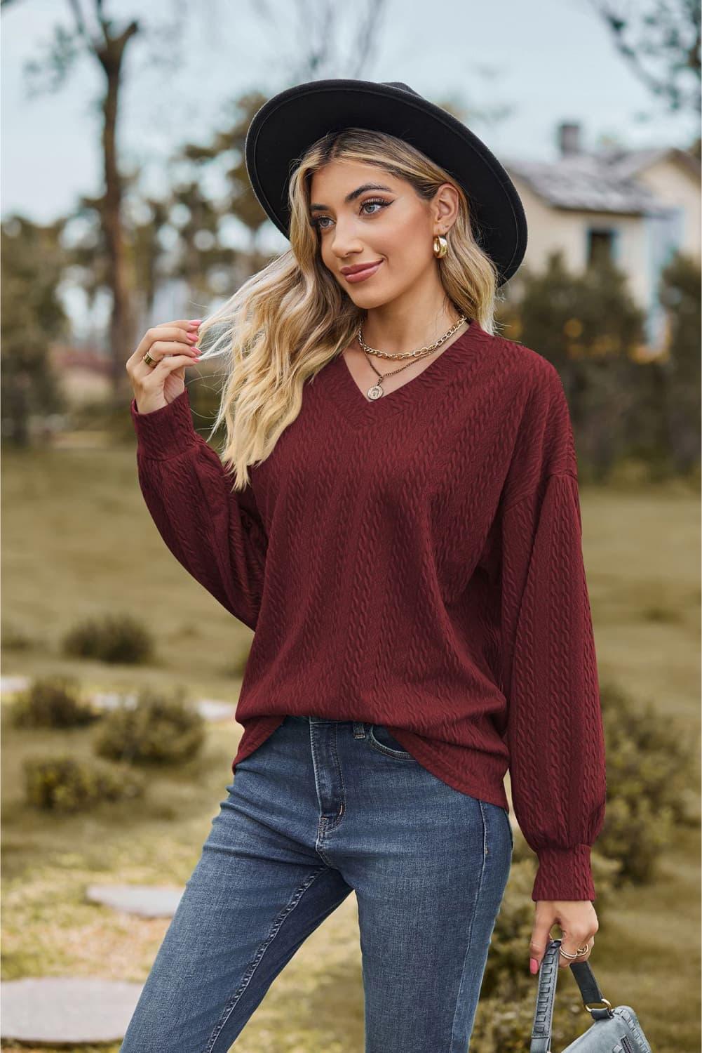 V-Neck Dropped Shoulder Long Sleeves Top - Top