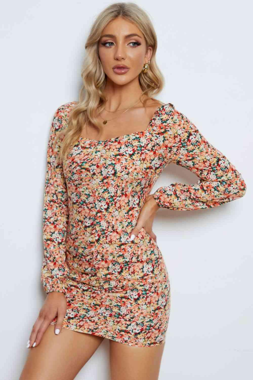 Floral Long-Sleeve Bodycon Mini Dress - Dresses