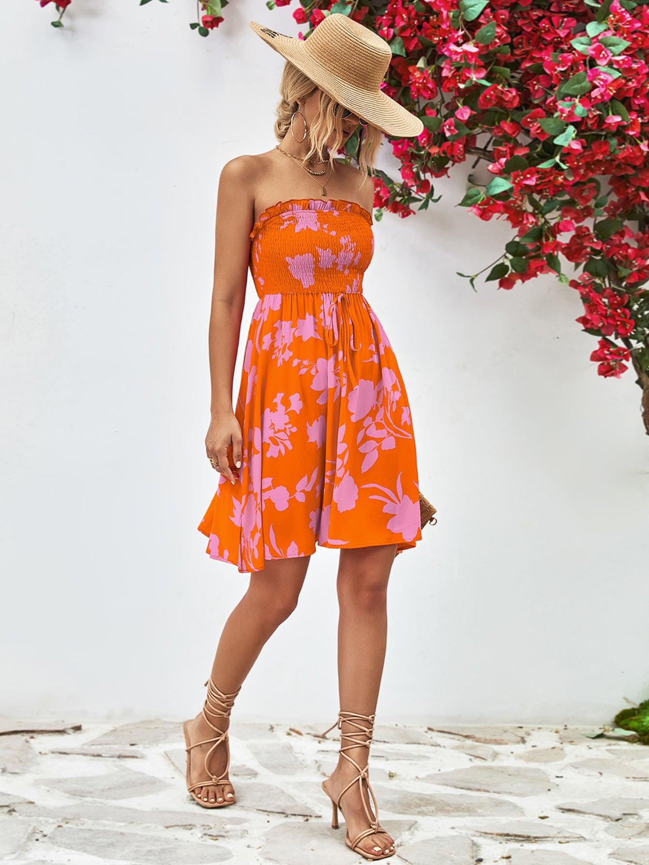 Floral Frill Trim Strapless Tie Smocked Short Dress - Dresses