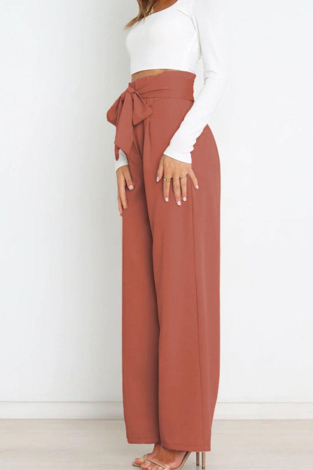 Tie Front Paperbag Wide Leg Pants - Pant