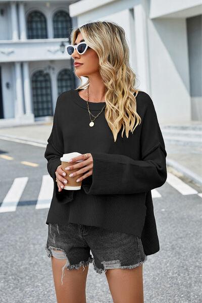 High-Low Slit Round Neck Sweater - Sweater