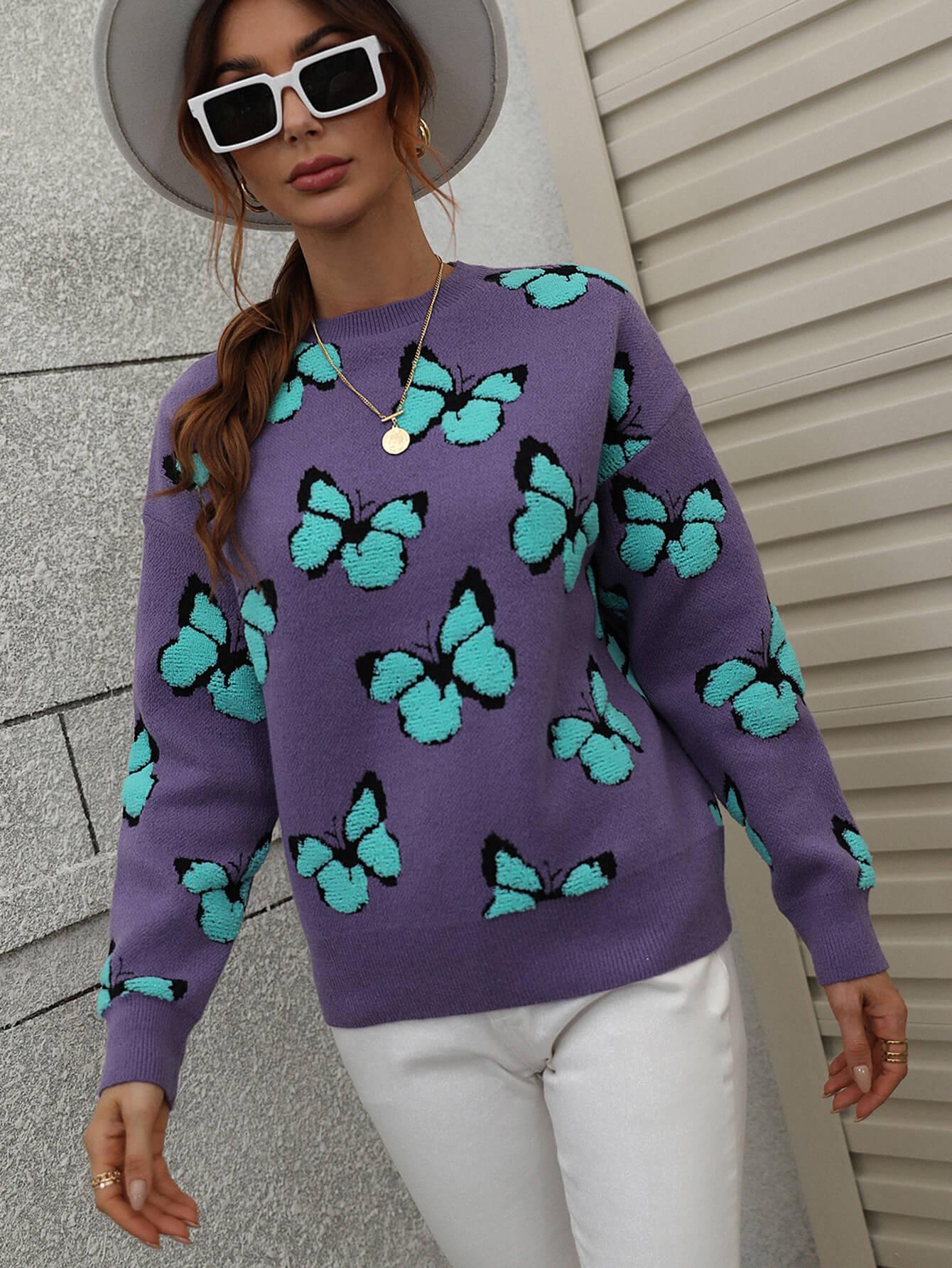 Woven Right Butterfly Dropped Shoulder Sweater - Sweater