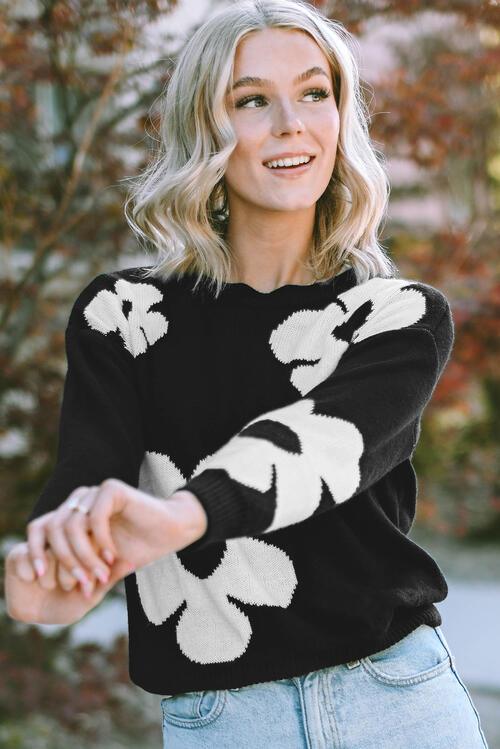 Round Neck Floral Pattern Sweater - Sweater