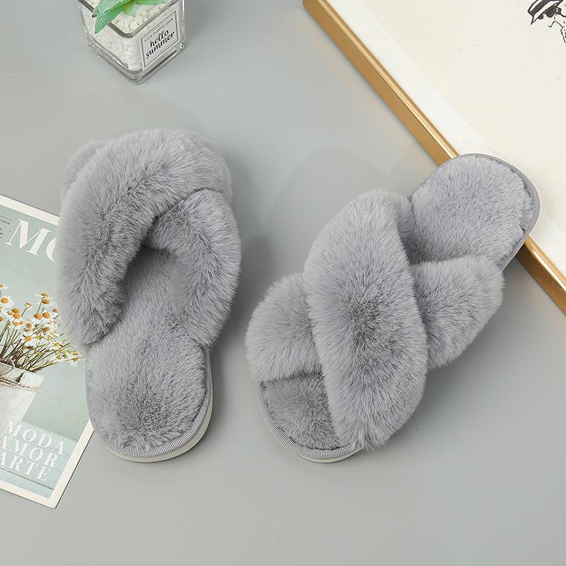 Faux Fur Crisscross Strap Slippers - Slippers