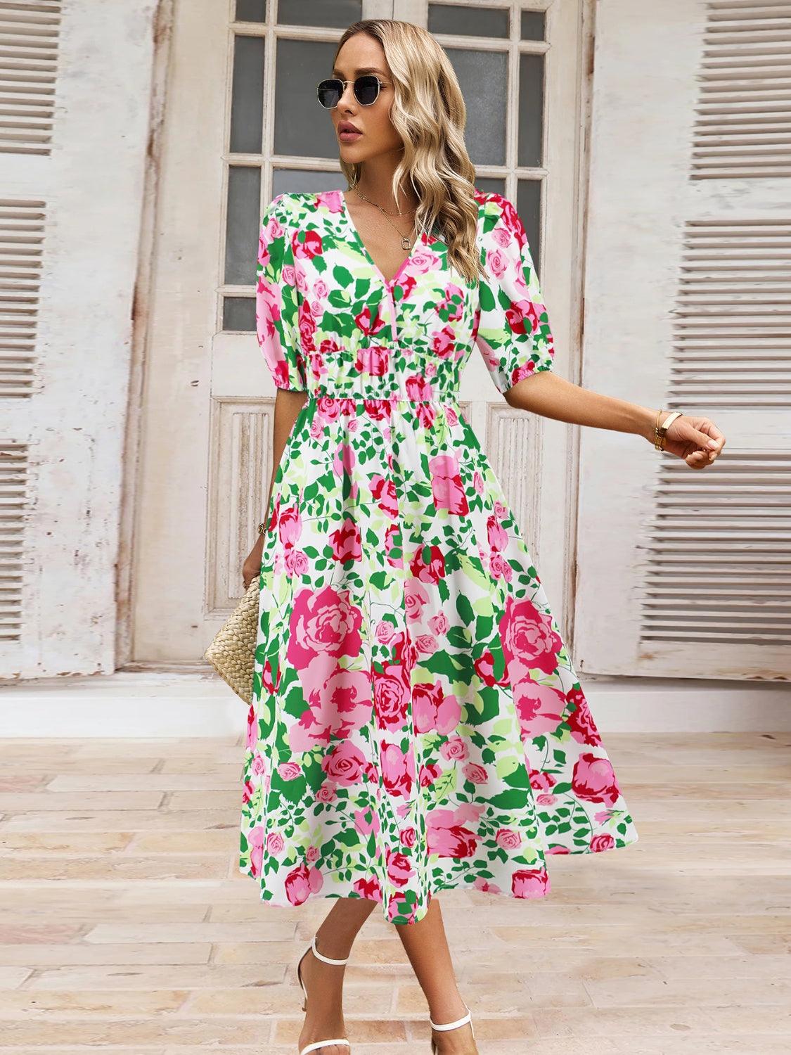 Ruched Floral Surplice Midi Dress - Dresses