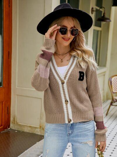 Contrast Button Up Dropped Shoulder Cardigan - Cardigan