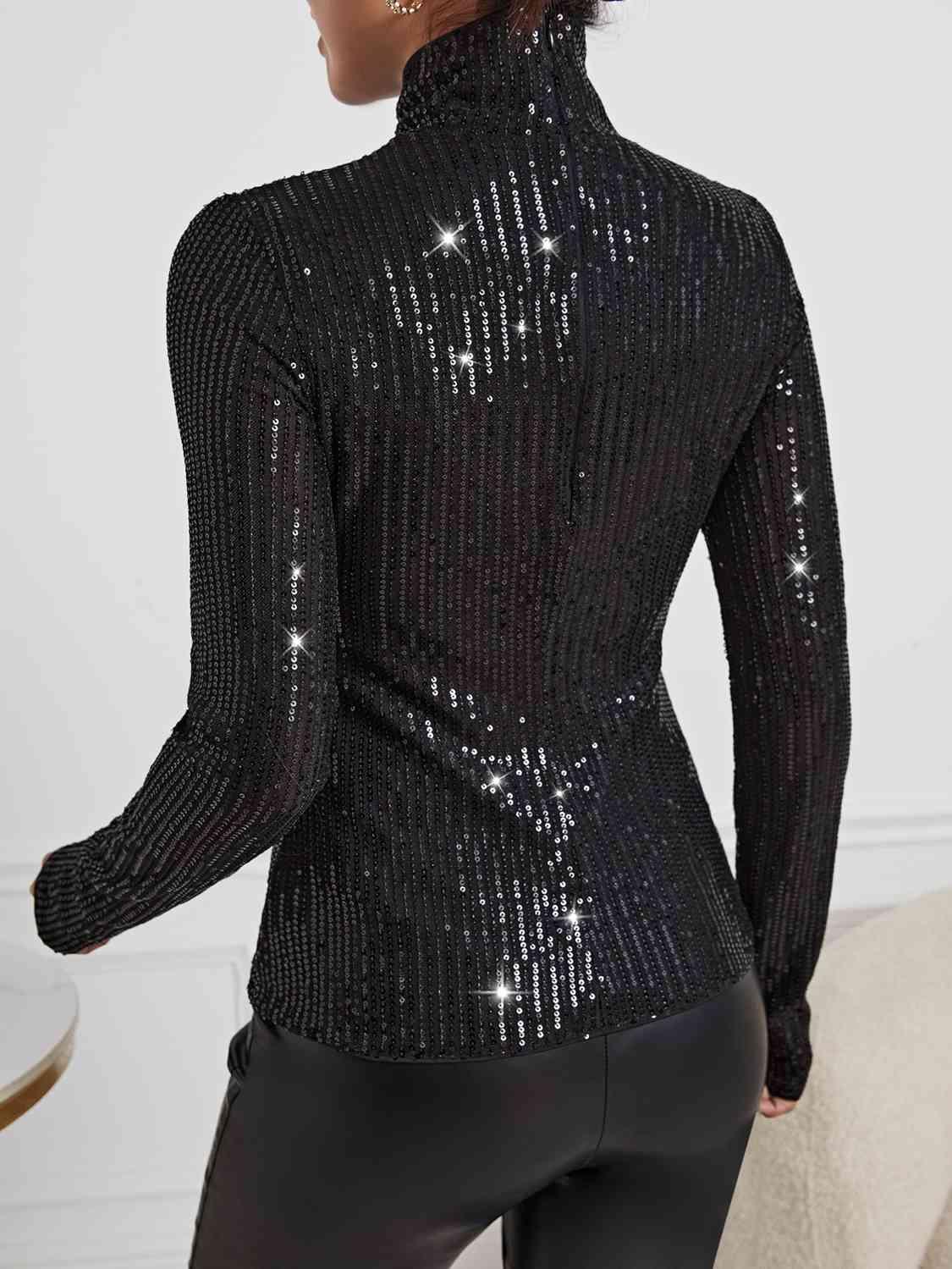 Sequin Turtleneck Long Sleeve Top - Top