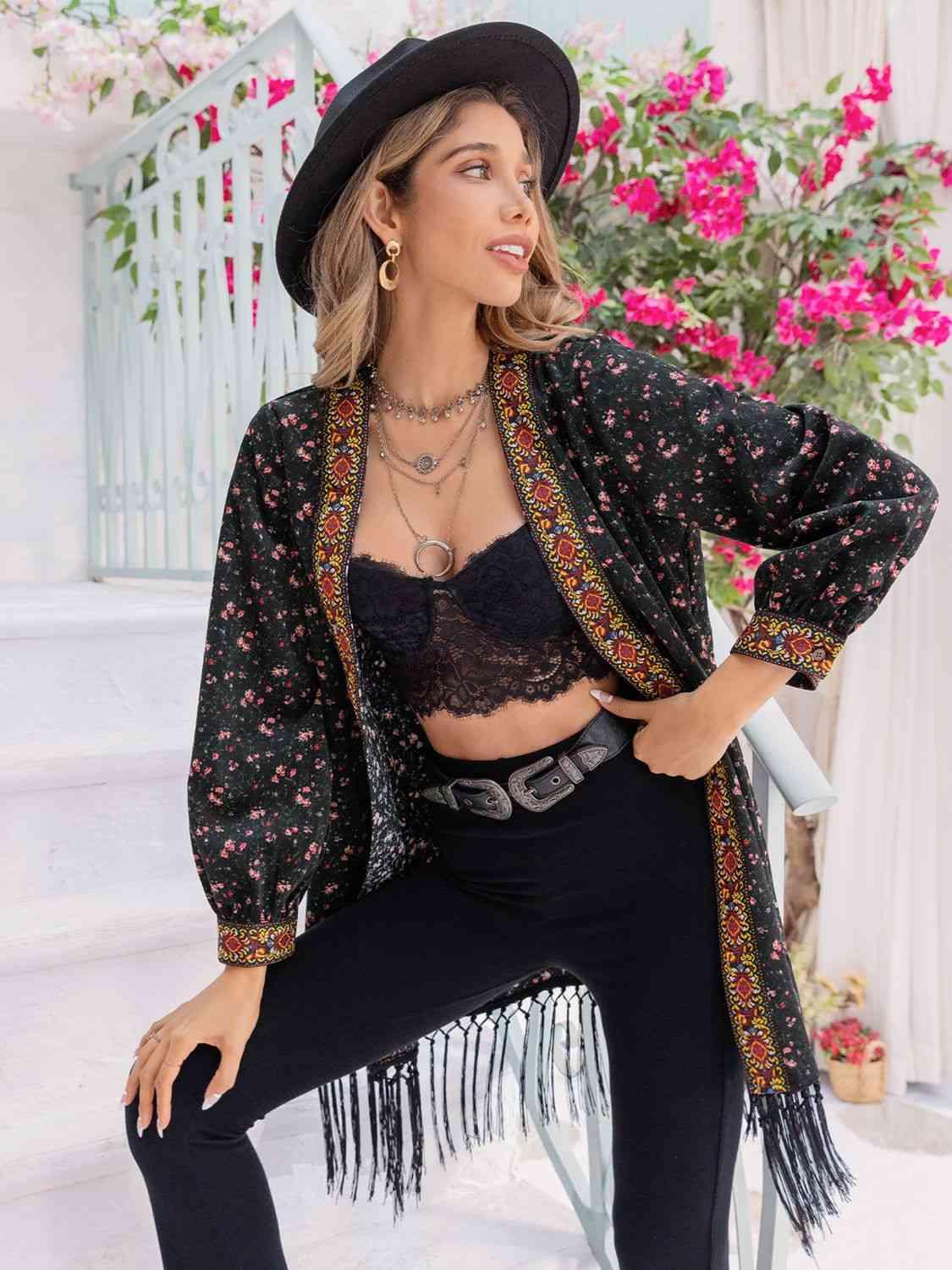 Printed Fringe Detail Cardigan - Cardigan