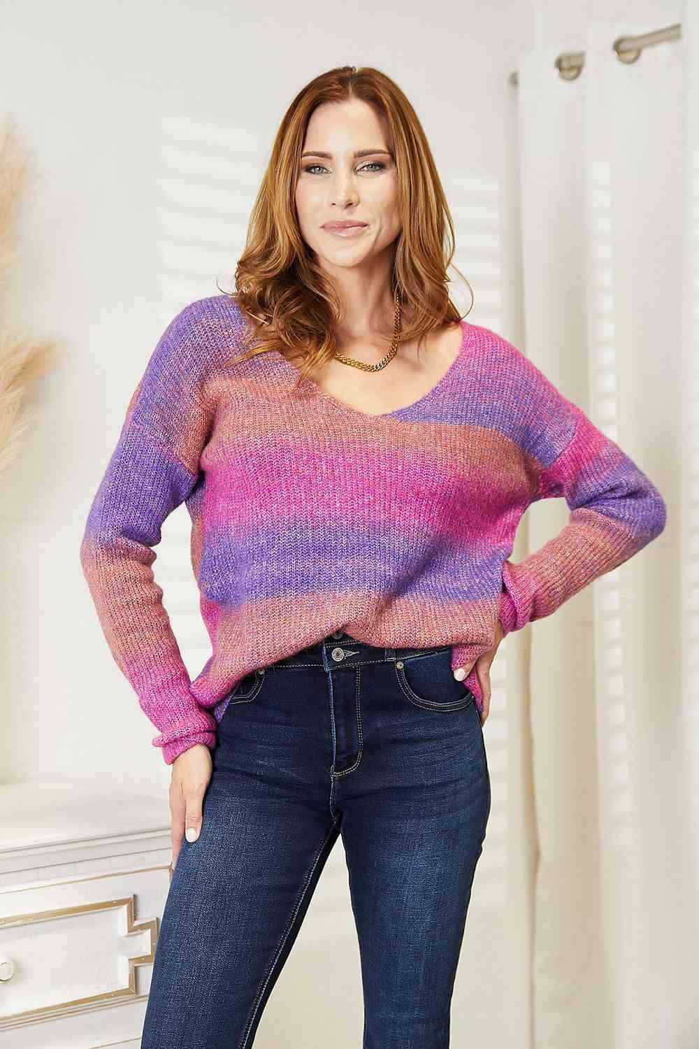 Multicolored Rib-Knit V-Neck Knit Top - Top