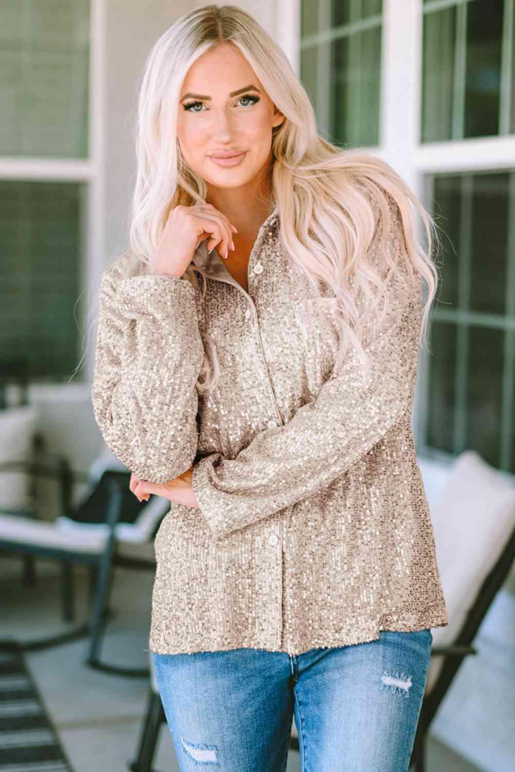 Collared Neck Long Sleeve Sequin Shirt - Shirt