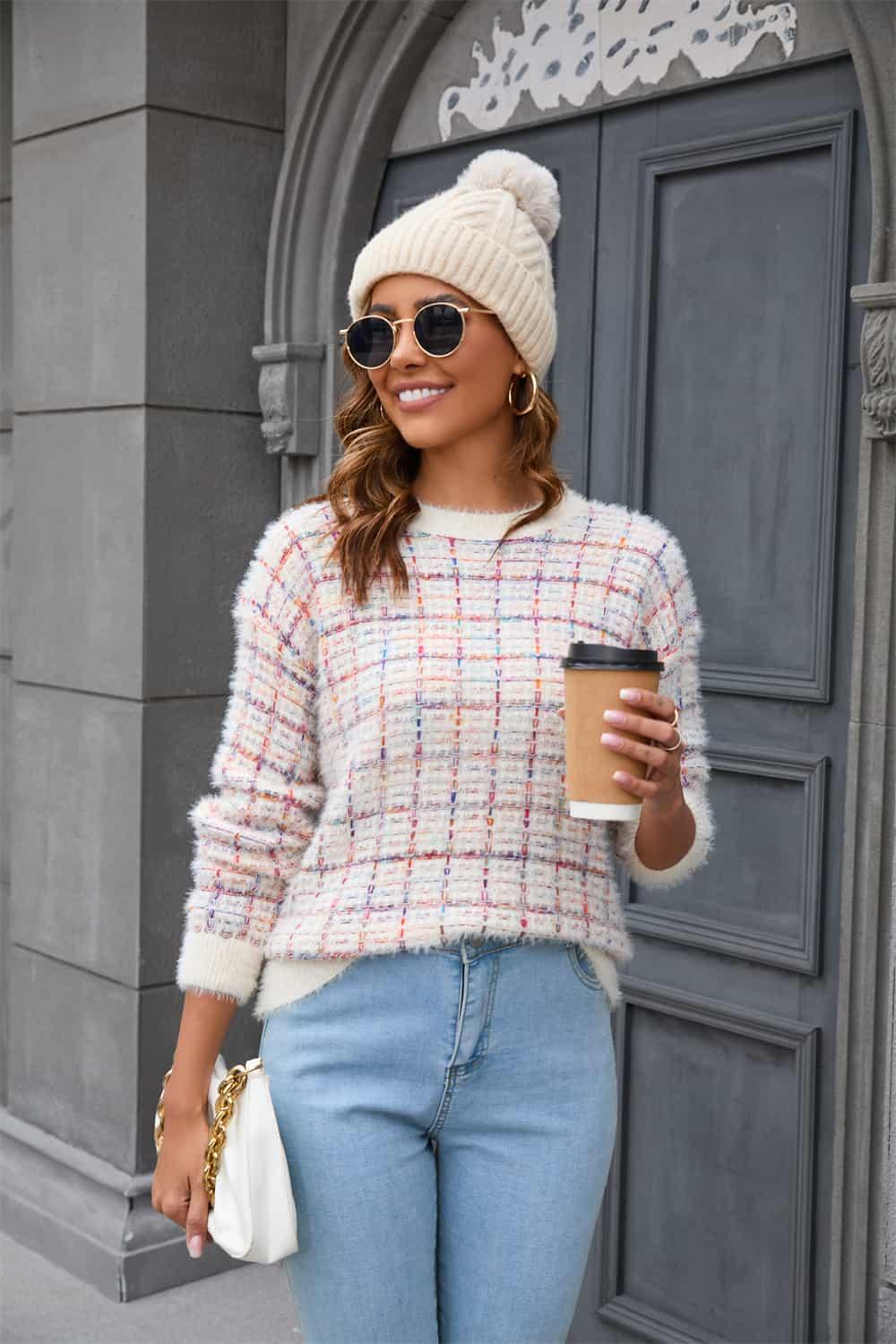 Plaid Plush Round Neck Dropped Shoulders Sweater - Sweater