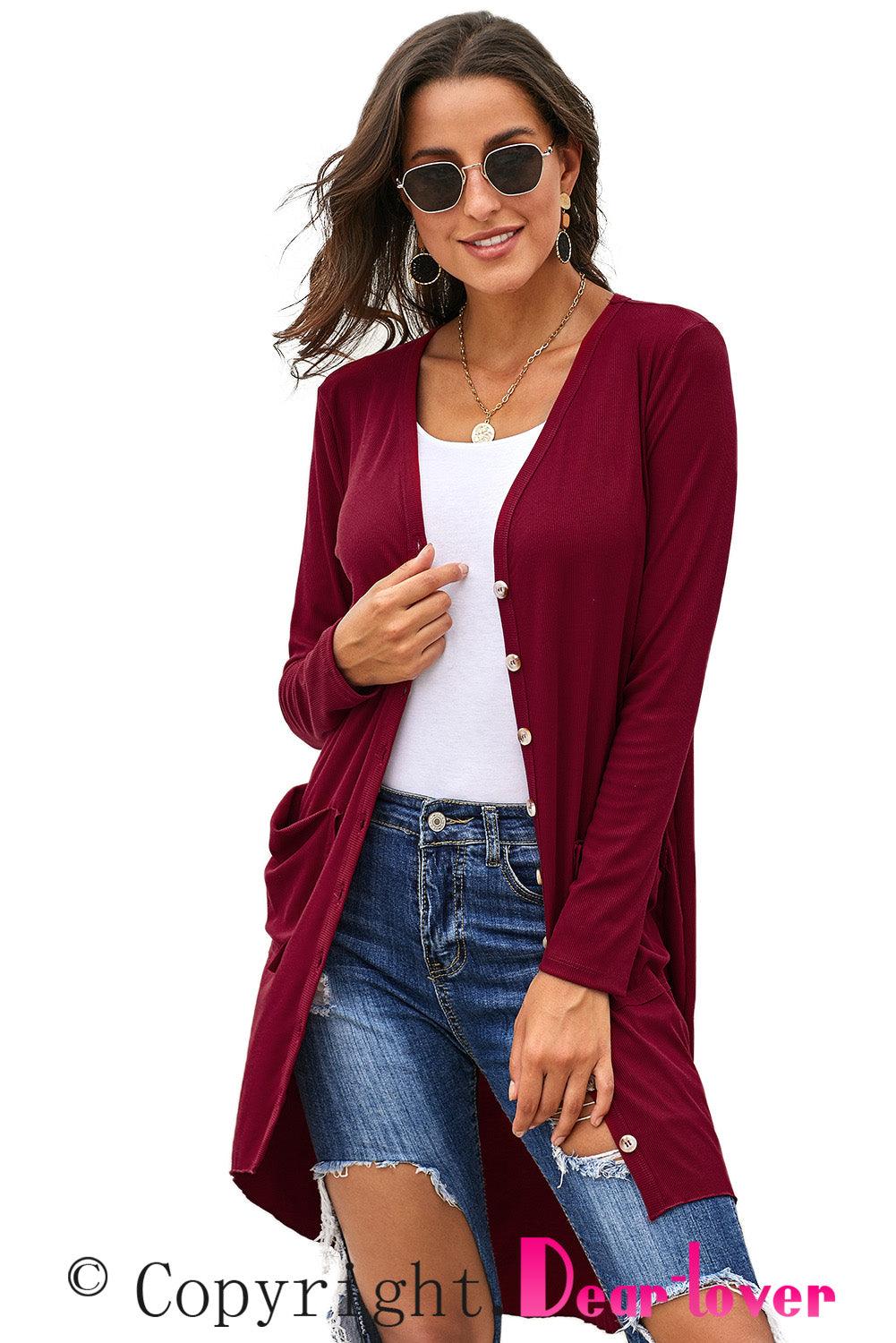 Buttoned V-Neck Long Sleeve Cardigan with Pockets - Cardigan