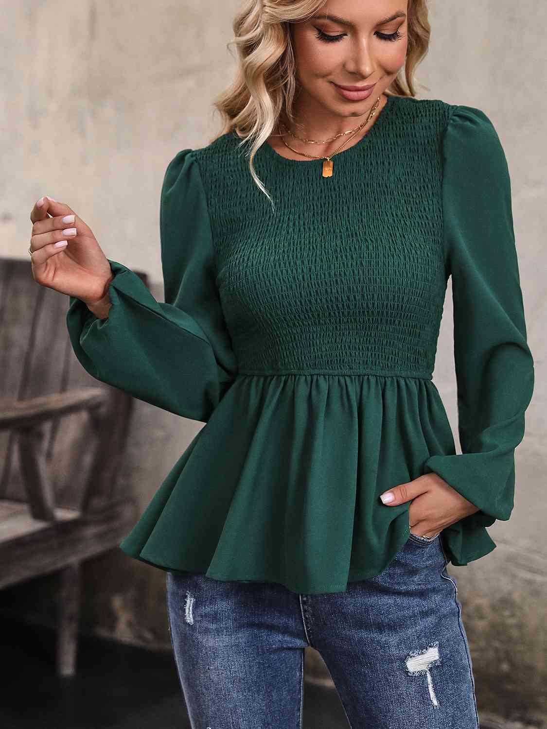 Round Neck Smocked Balloon Sleeve Top - Top