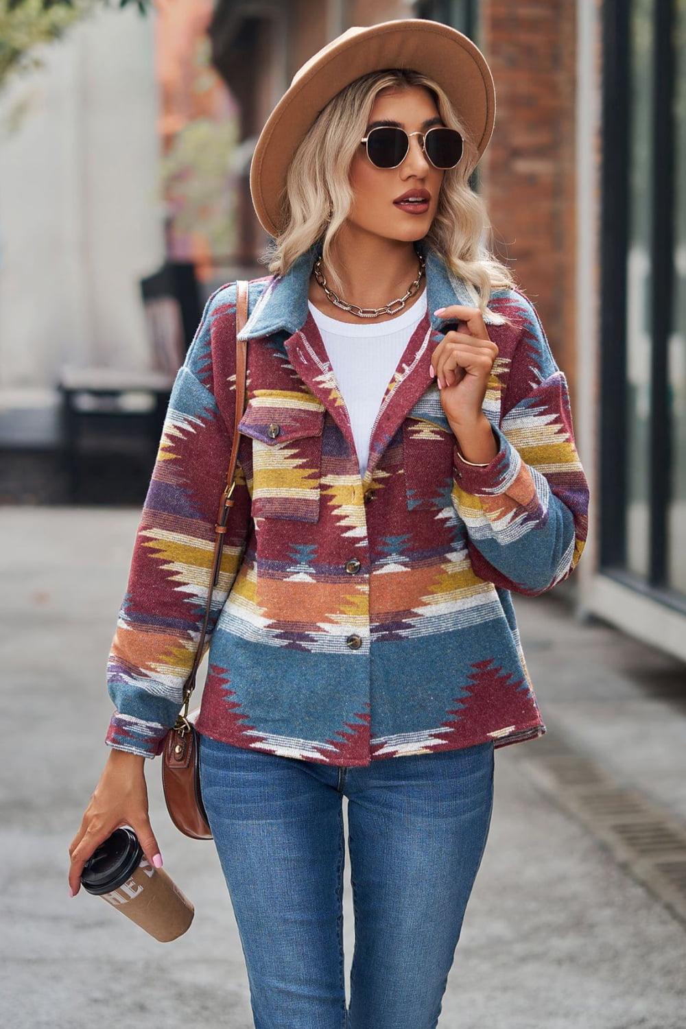 Printed Collared Neck Jacket With Pocket - Jacket