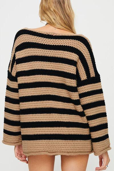 Striped Round Neck Dropped Shoulder Sweater - Sweater