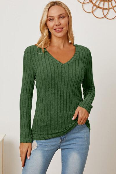 Basic Bae Ribbed V-Neck Long Sleeve Top - Top