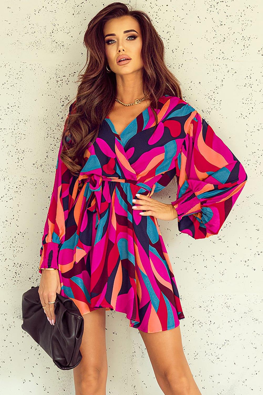 Printed Surplice Neck Tie Waist Mini Dress - Dresses