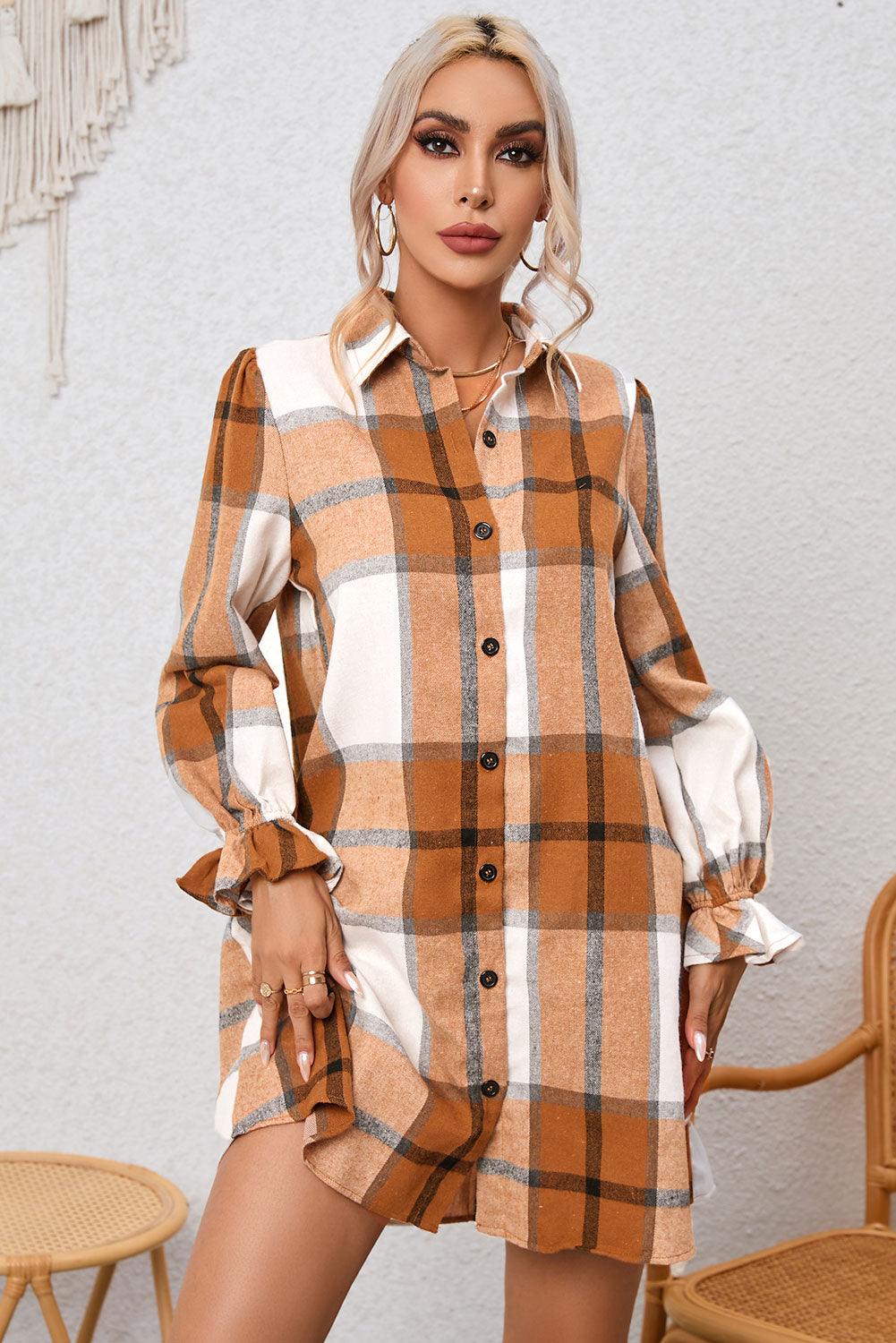 Plaid Collared Neck Flounce Sleeve Shirt Dress - Dresses