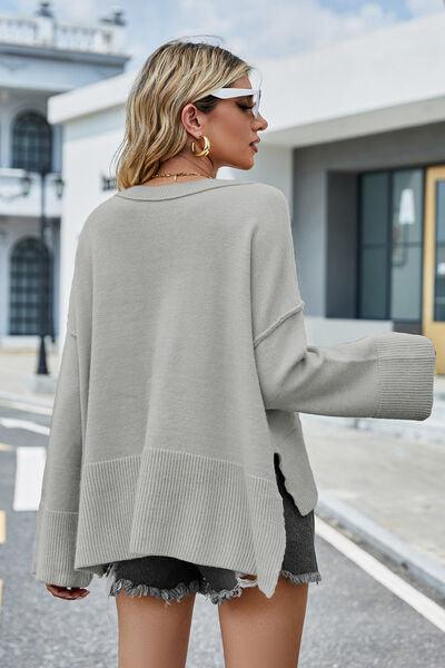 High-Low Slit Round Neck Sweater - Sweater