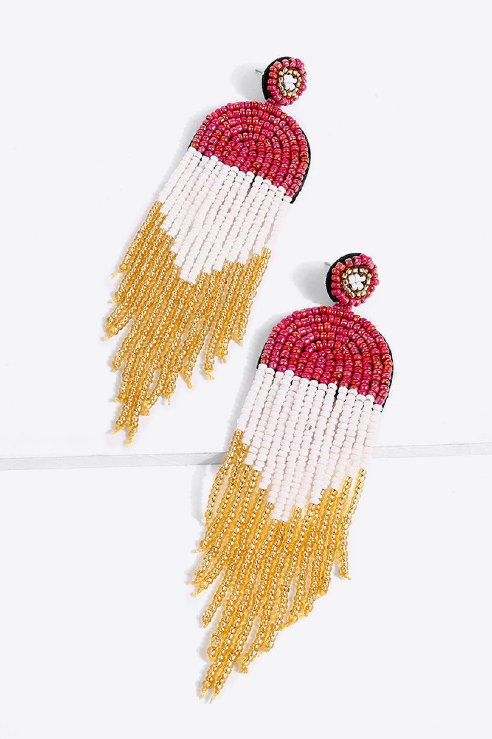 Beaded Fringe Dangle Earrings - Earring