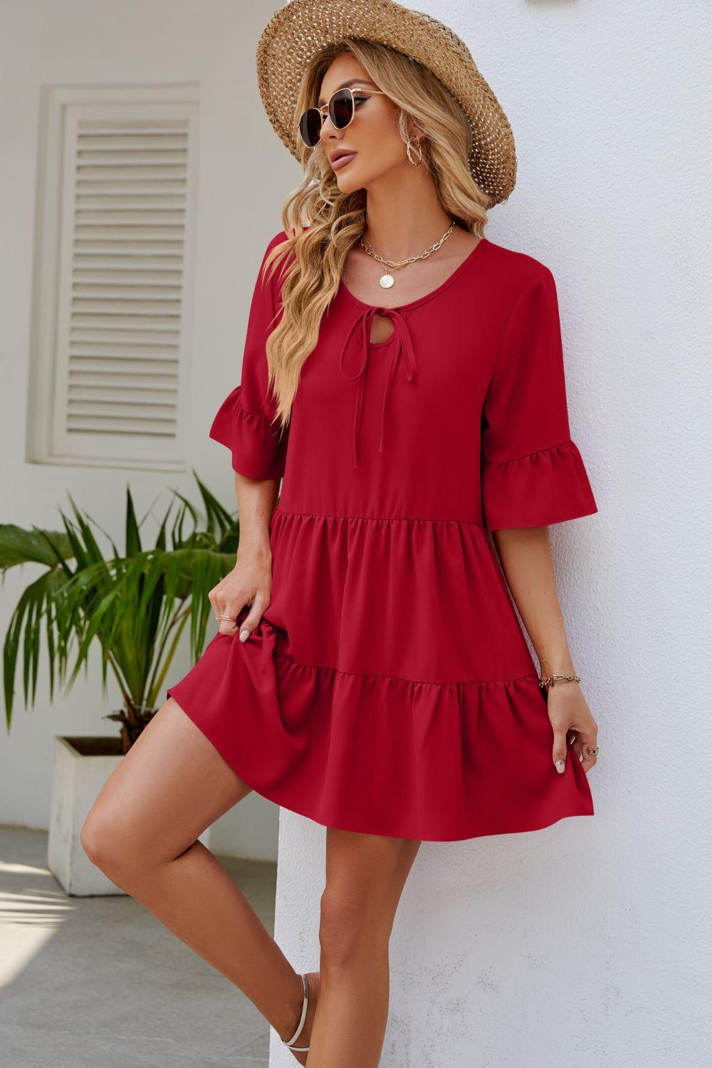 Tied Flounce Sleeve Tiered Mini Dress - Dresses