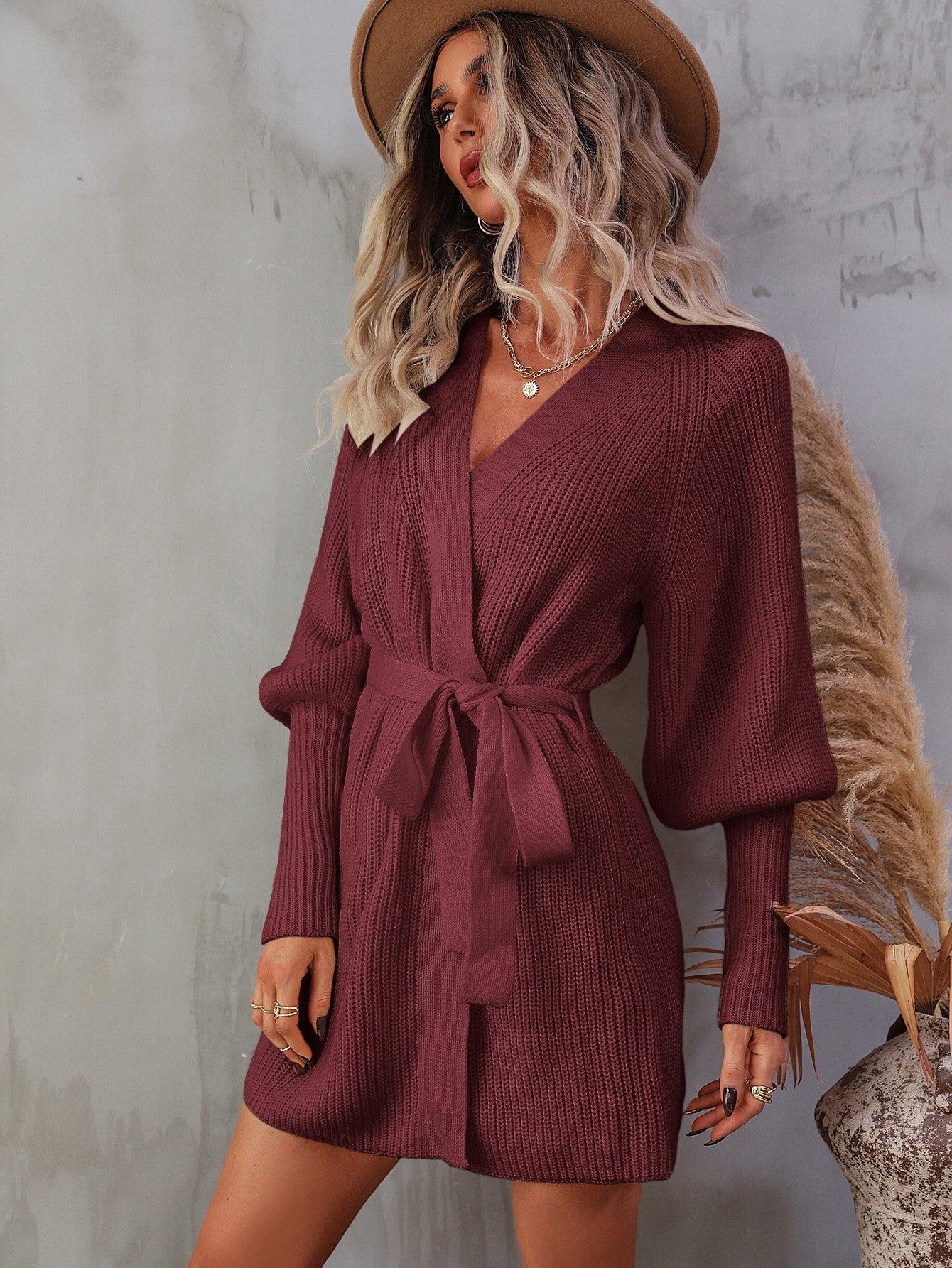 Belted Surplice Lantern Sleeve Wrap Sweater Dress - Dresses