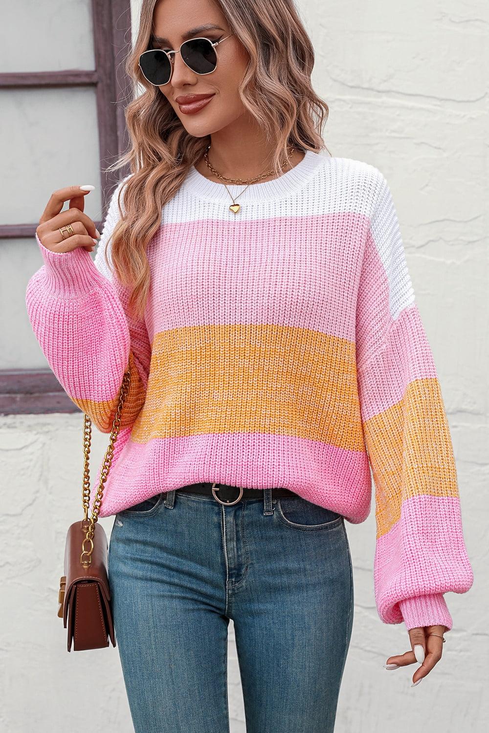 Round Neck Color Block Ribbed Knit Sweater - Sweater