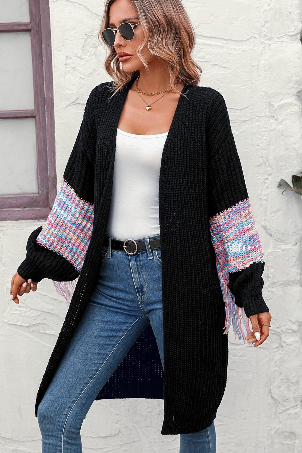 Fringe Sleeve Open Front Openwork Cardigan - Cardigan