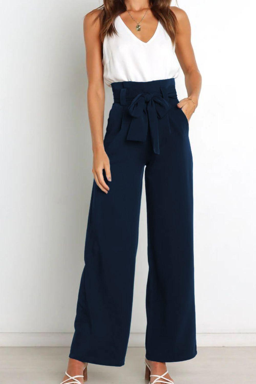 Tie Front Paperbag Wide Leg Pants - Pant