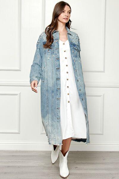 Veveret Distressed Pearl Detail Denim Jacket - Jacket