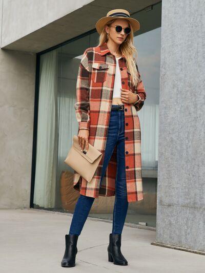 Plaid Pocketed Button Up Trench Coat - Coat