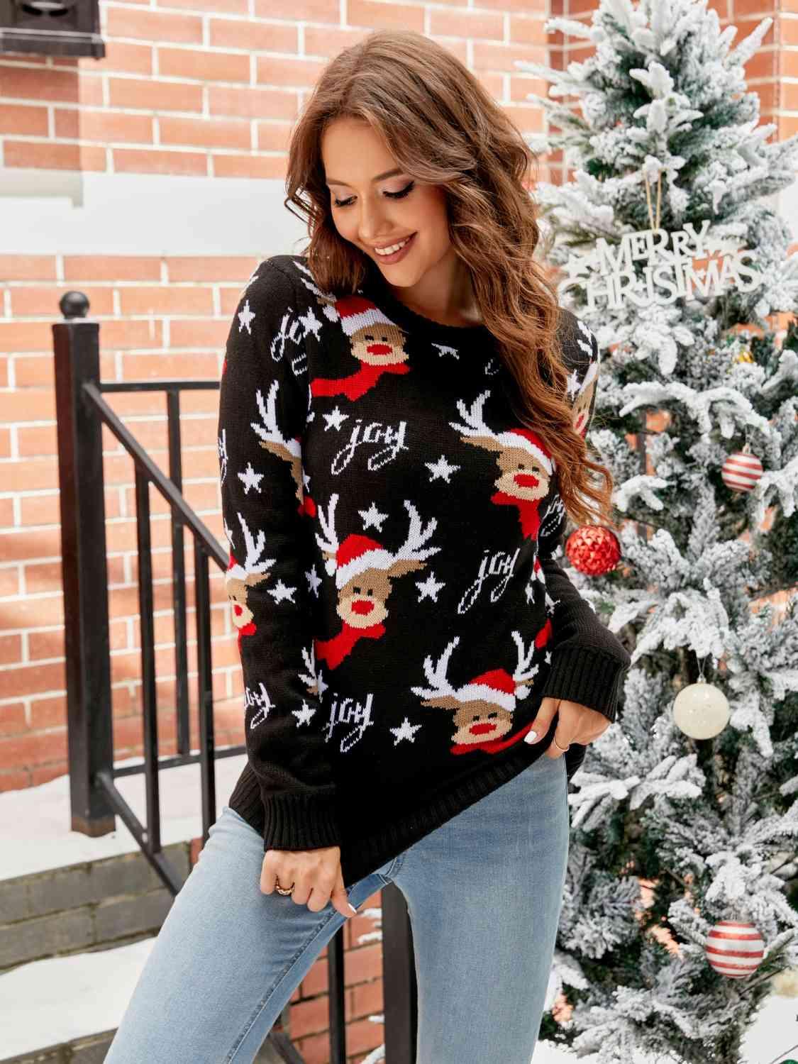 Christmas Reindeer Round Neck Sweater - Sweater