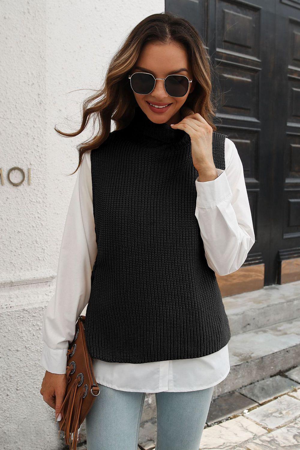 Ribbed Mock Neck Sleeveless Sweater Vest - Vest