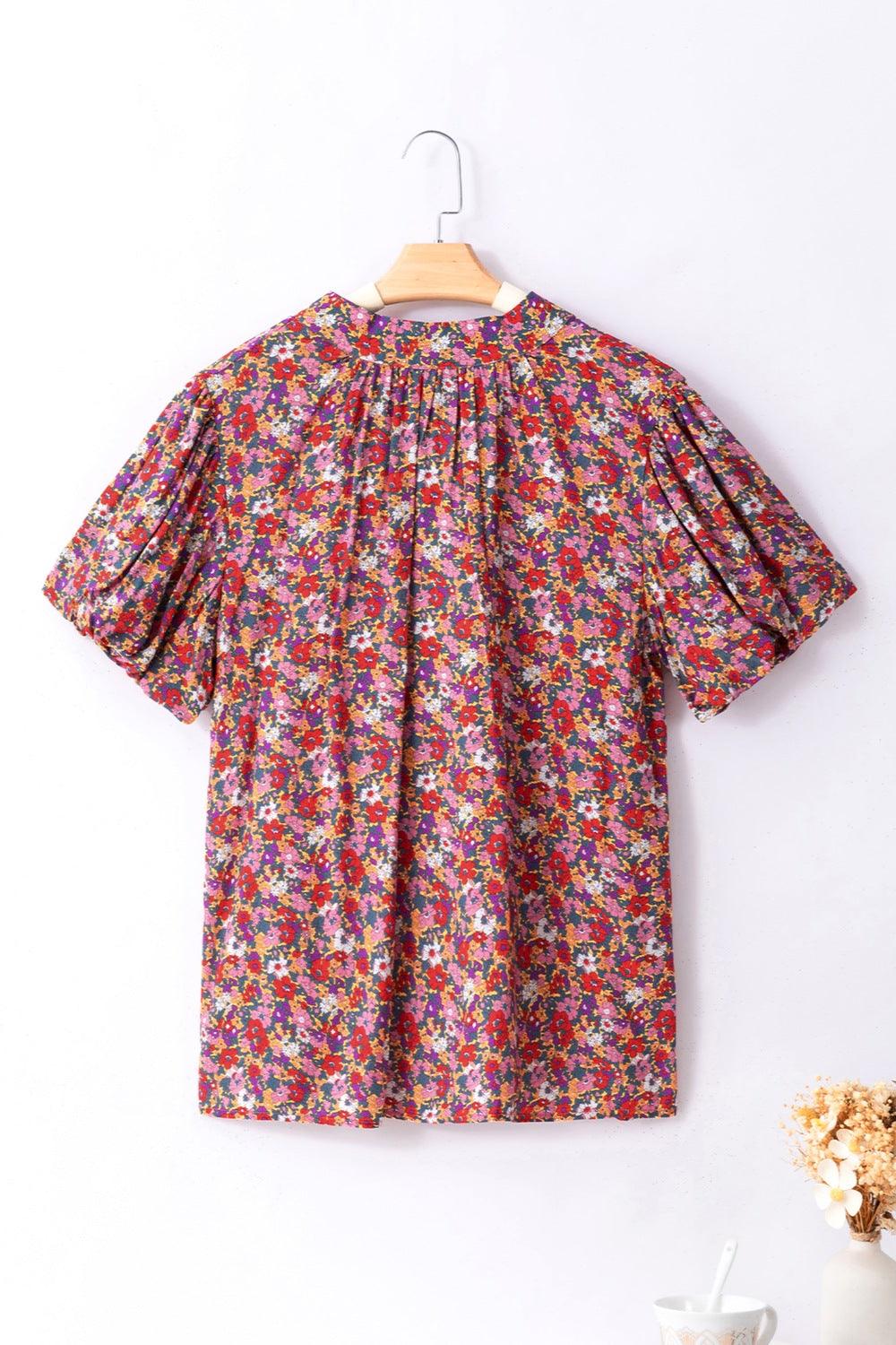 Floral Mock Neck Short Sleeve Top - Top