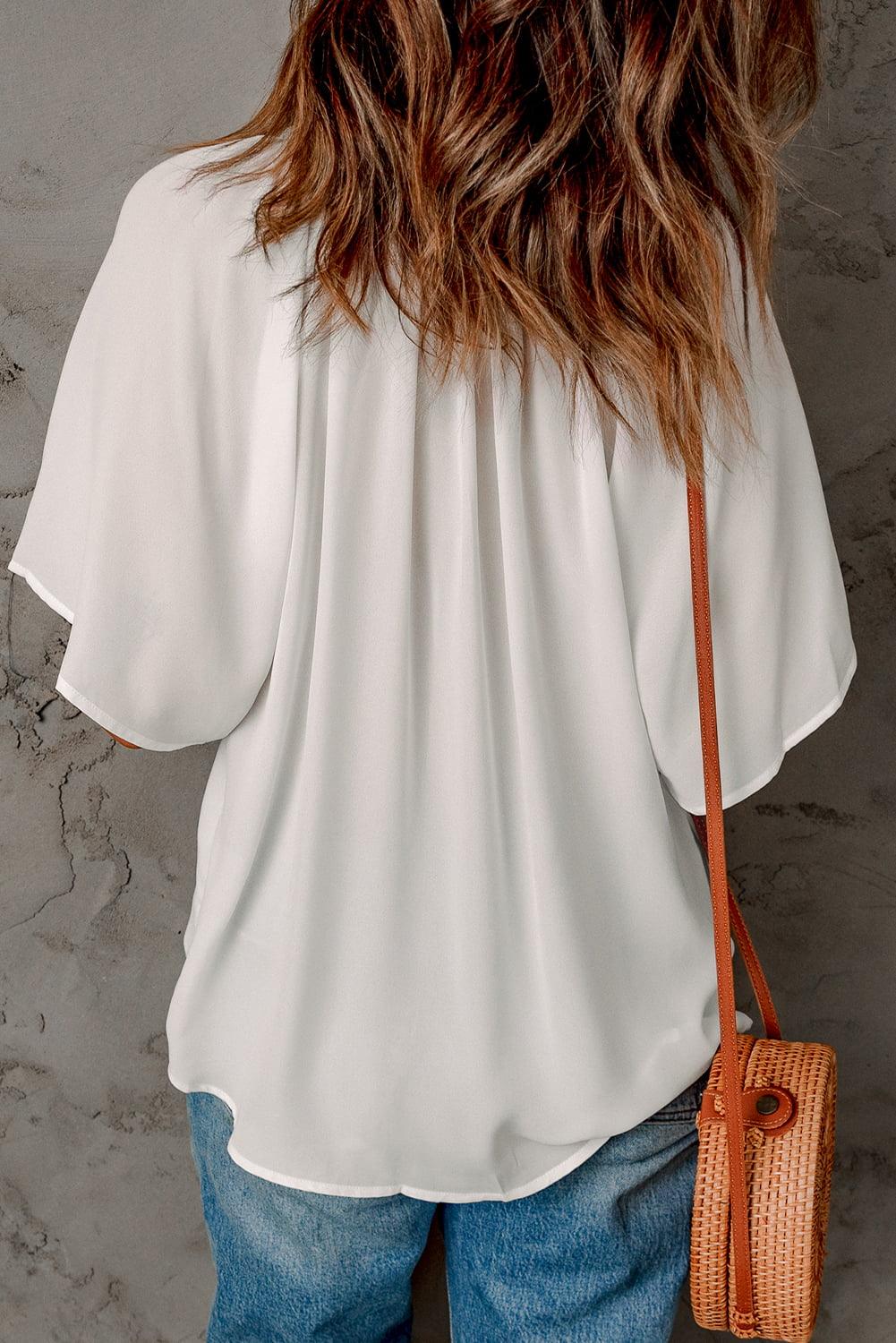 Gathered Detail Notched Neck Flutter Sleeve Blouse - Blouse