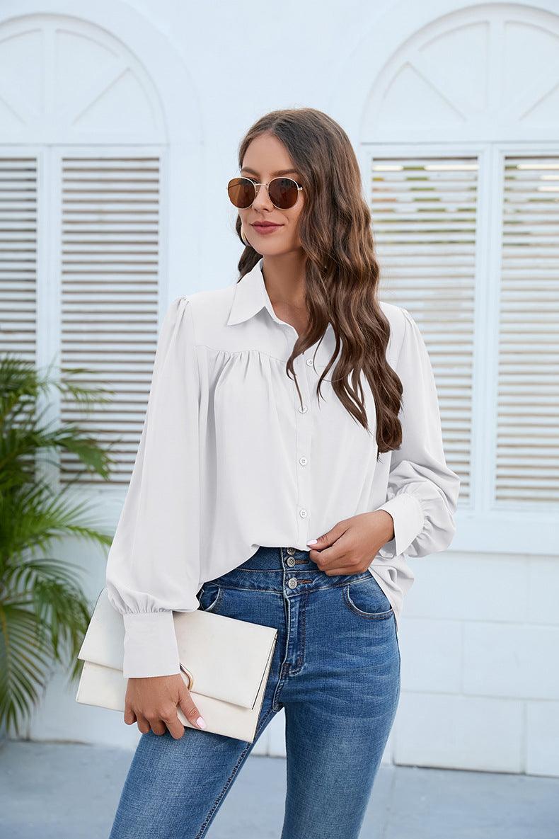 Puff Long Sleeve Collared Neck Ruched Shirt - Shirt