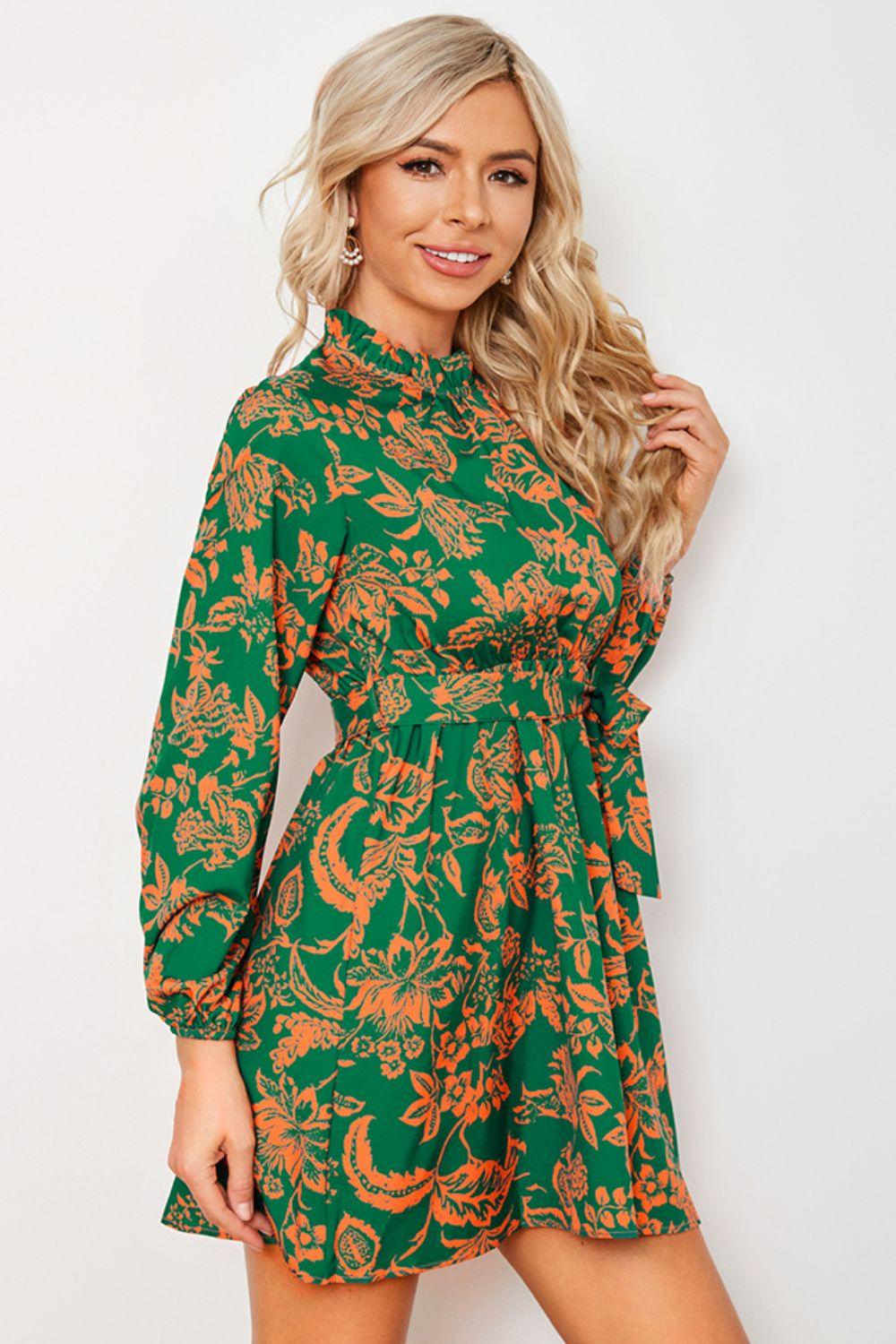 Floral Frill Mock Neck Tied Balloon Sleeve Mini Dress - Dresses