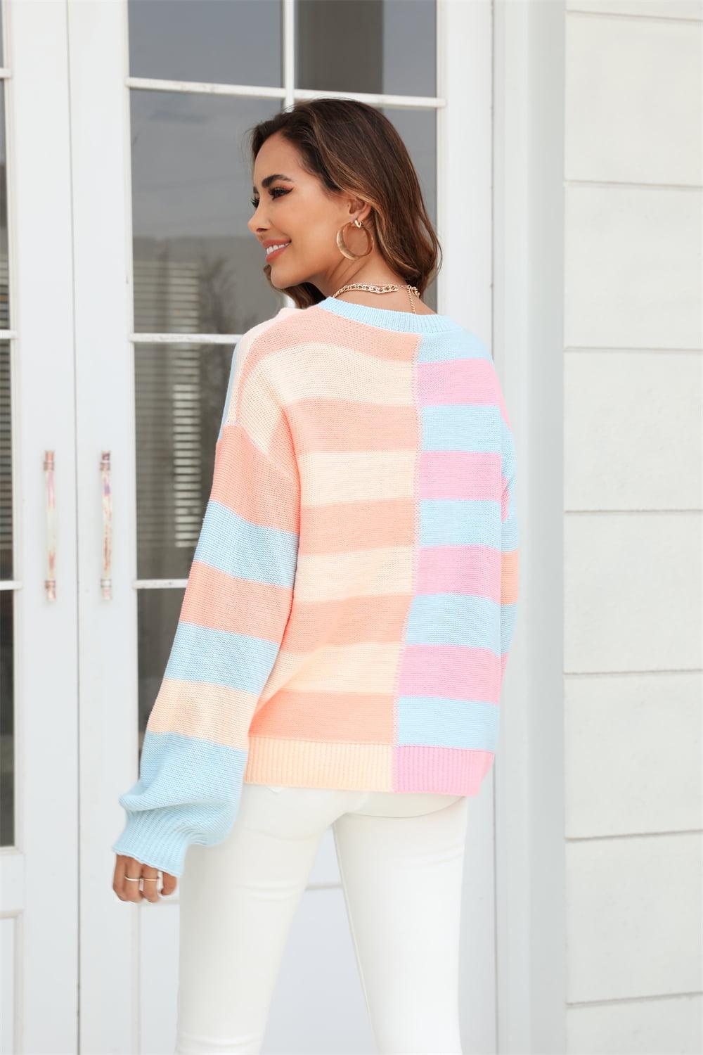 Round Neck Color Block Striped Sweater - Sweater