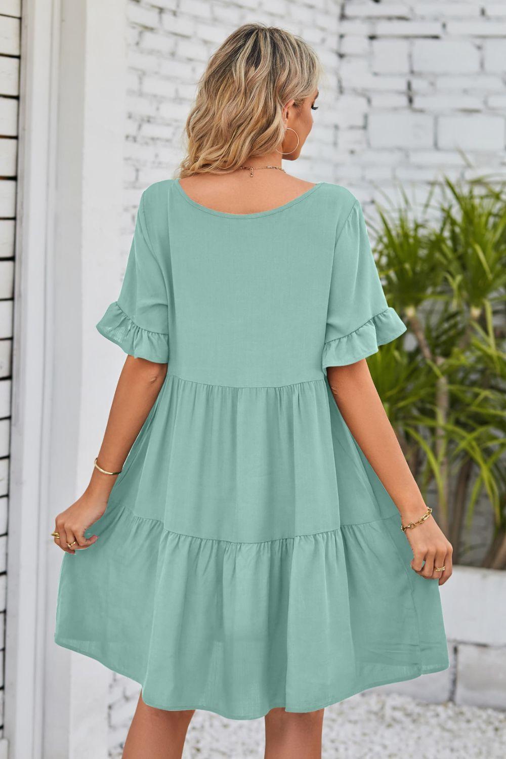 V-Neck Flounce Sleeve Knee Length Ruffle Tiered Dress - Dresses