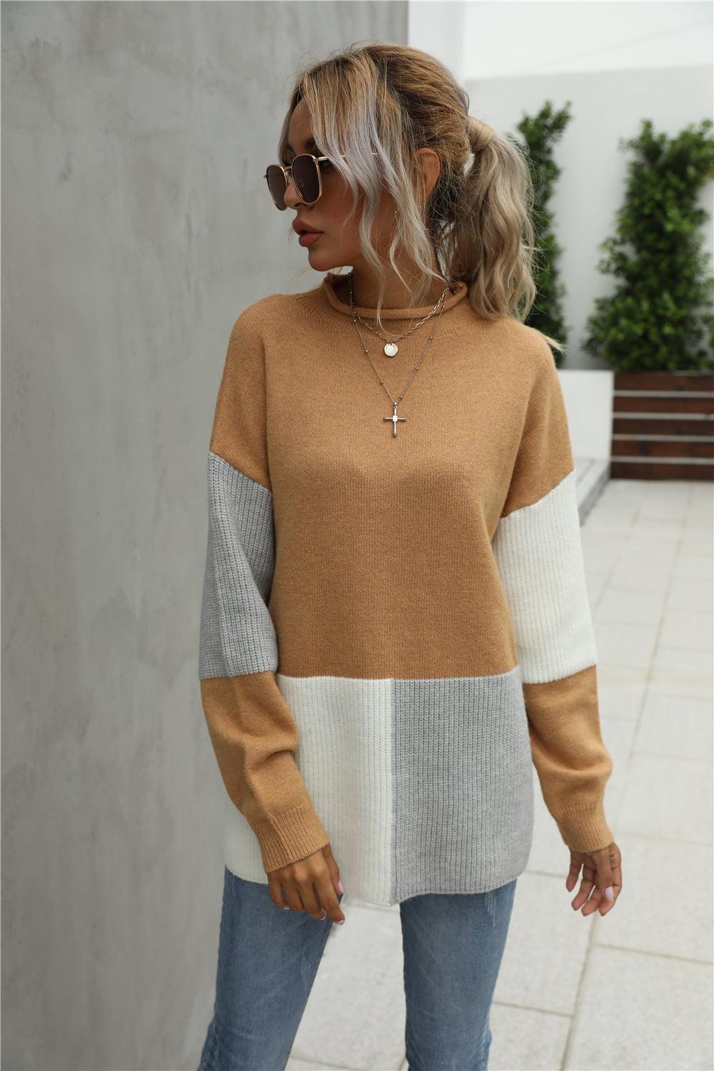 Color Block Round Neck Dropped Shoulder Sweater - Sweater